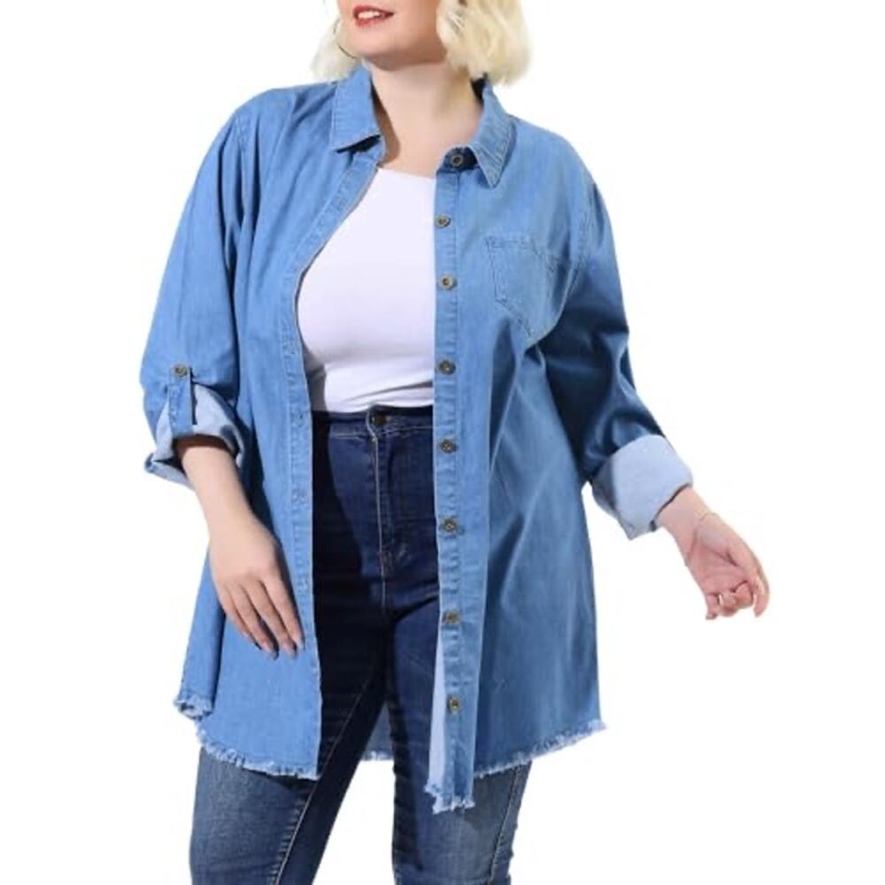 Agnes Orinda Denim Shirt Dress Tunic 3X NWT Button Front Frayed Hem